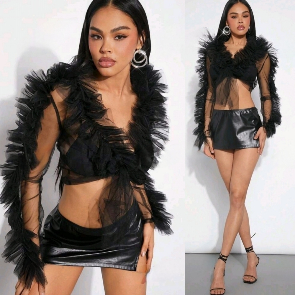 NWT Haute Couture Black Ruffle Mesh Tie Front Crop Top Size - Large
